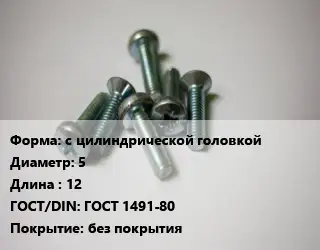 Винт с цилиндрической головкой 5х12 ГОСТ 1491-80 без покрытия